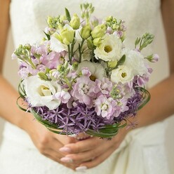 With the artistry of a local Highgate florist, this bridal bouquet radiates both sophistication and heartfelt celebration. The lush white lisianthus blooms, their ruffled petals glowing in gentle daylight, provide a luminous centerpoint, framed elegantly by unopened buds and soft wisps of pastel green. Interlaced throughout, plump pink and lilac stock add a plush, cloudlike texture, blending seamlessly into the palette and filling the bouquet with romantic charm. Lower down, a dramatic collar of purple allium stars offers bold structure and a playful nod to the vibrant borders found in Waterlow Park. Sleek curves of deep green bear grass support the arrangement, weaving through the composition with modern flair and providing a fresh, local touch. The image, focused closely on the bouquet as it's held by sparkling, softly polished hands, captures the anticipation and celebration of a Highgate wedding morning. Blooms shimmer with natural freshness, reflecting the pure excitement carried by couples in this iconic north London village. The subtle background, softly blurred, hints at the bride's classic lace gown, ensuring the flowers remain the radiant focal point. This bouquet is perfect for brides seeking modern elegance alongside connections to Highgate's green spaces and gentle local beauty, lovingly prepared and available for delivery across the area.