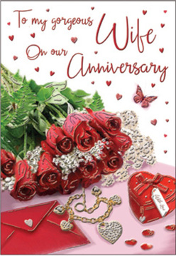 This anniversary card scene resembles a private love letter brought to life, as if set out on a polished table in a Highgate townhouse just before a celebration. At the centre is a compact posy of crimson roses, their petals spiralling outward in rich, layered whorls that almost seem to lift off the page. The roses are cradled by plush green foliage, adding a natural contrast and giving the impression of a freshly arranged bouquet ready for local delivery. Scattered around this floral heart are intimate details: a scarlet jewellery box tied with a fine ribbon, glowing softly under the light, and a slender gold necklace shaped into intertwined hearts, its curves catching small points of reflection. Tiny sparkling decorations-heart shapes and hints of glitter-rest on the romantic backdrop, echoing the twinkle of evening lights along Highgate High Street. The card's text is written in flowing script, meandering gracefully across the design as if carefully penned by hand; it sits amid a cascade of miniature red hearts, which appear to float like gentle confessions of affection. A delicate butterfly figure flutters close to the roses, adding a note of playfulness and hope. The lighting is warm and inviting, creating soft shadows and a subtle glow that unify the flowers, jewellery, and keepsake elements into one intimate still life. This composition feels like a tribute to cherished anniversaries, romantic dinners at home, and shared futures, capturing the emotional richness of long-lasting love celebrated quietly in Highgate.