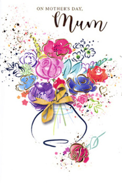 Illustrated Mother's Day card featuring a vibrant, hand-painted bouquet that feels both spontaneous and carefully considered, much like a florist's arrangement prepared for a home near Waterlow Park. The composition centres on a loose cluster of blooms in vivid pinks and magentas, their shapes suggested by rounded brushstrokes and petals that bleed gently into one another. Deeper notes of indigo and plum weave through the mass of colour, while soft swirls of lavender and powder blue create breathing space and lend the bouquet a soothing balance. Subtle golden outlines pick out the edges of certain petals and leaves, and scattered metallic specks glimmer lightly, catching the eye without overwhelming the softer watercolour textures. Surrounding the main cluster, small heart motifs and lively paint splatters extend into the white background, like affectionate energy radiating from the flowers themselves. The stems are not individually defined; instead, the arrangement seems to gather naturally into a simple vase at the base, lightly shaded in calm, neutral tones. A slim golden bow adorns the neck of the vase, its loops and ends finely drawn to suggest delicate ribbon freshly tied by hand. The overall mood is warm, joyful, and sincere, a visual love letter that captures the comfort, gratitude, and gentle pride families across Highgate feel when they surprise Mum with something thoughtfully chosen on Mother's Day.