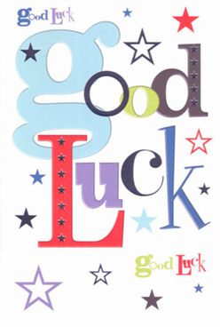 A vibrant "Good Luck" card fills the frame, designed with the same thoughtful care a florist brings to arranging a hand-tied bouquet for delivery around Highgate Village. The phrase "Good Luck" stretches across a bright white card, each letter standing alone like a character in a joyful cast. A large, baby-blue "g" curves upward with an almost handwritten softness, while the remaining letters jump between deep red, moss green, midnight black, and velvety purple, their different fonts and weights creating a rhythm that feels both fun and reassuring. Scattered all around are stars in a range of sizes and hues-inky navy, rich indigo, clear sky blue, powdery lavender, and hints of lemon-lime-spilling across the card like confetti tossed after a performance at a local Highgate theatre. The stars vary from crisp, bold outlines to gently faded silhouettes, giving the sense of depth and motion, as though they're drifting across the page on a quiet evening breeze rolling down from Hampstead Heath. The clean, matte white of the card makes every colour appear brighter, yet the overall mood remains calm and encouraging rather than loud. You can almost feel the smooth, cool finish of the card between your fingers and hear the soft rustle as it's opened, revealing a handwritten message inside. It's the kind of good luck card you'd imagine nestled among seasonal flowers from Flowers Highgate, slipped into a bouquet heading to a new office near Archway Road or a student's exam desk, carrying with it the sincere, steady support of someone who believes this next step will go beautifully.