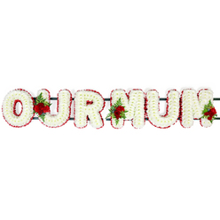 A beautifully composed "OUR MUM" floral tribute fills the frame, photographed against a pure white background so that the colours and textures stand out, much like it might appear inside a light, airy chapel near Highgate Hill. The tribute is crafted from large, upright block letters, each one formed entirely from white chrysanthemum heads placed side by side. The blooms are tightly packed, giving the surface a plush, almost quilted effect, with their soft, layered petals creating a sense of peace and gentleness. Tracing the perimeter of every letter is a narrow border of deep red spray flowers, probably carnations, whose smaller, ruffled petals and striking colour lend structure and definition. This crimson outline draws the eye along the curves and corners of the words, underlining the message with quiet intensity. At the back, just visible, slender dark green supports join the letters together, suggesting the solid frame that would allow this arrangement to be displayed at a funeral service in Highgate, perhaps in a local church or at the entrance to Highgate Cemetery. Three thoughtfully positioned clusters of red roses are nestled within the tribute, tucked between the "O" and "U", between the "U" and the first "M", and towards the end of the final "M". Each grouping features lush rose heads alongside glossy green foliage and fern, adding depth and a focal point of emotion. The roses' deeper, velvety red hue conveys enduring love and profound gratitude. This "OUR MUM" letter tribute feels both deeply personal and traditionally elegant, a floral expression of remembrance and affection that would sit beautifully at a wake or memorial gathering in and around Highgate.