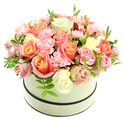 Presented in a round, cream-coloured hatbox against a pristine white background, this arrangement reads like a soft dawn over Highgate Village: warm coral-peach centres of abundant roses melt outward into blush and ivory, while frilly pale-pink carnations nestle between them to create a densely packed, domed silhouette. The hatbox has a matte surface and two restrained dark bands-one circling the top rim, the other near the base-that provide a tailored contrast to the pale container and lend a touch of classic formality. The composition is tightly arranged but airy where it counts, with delicate green sprigs sporting small, elongated leaves woven through the blooms to punctuate the palette and add a fresh, botanical lift. Up close, each rose reveals layered petals with velvety edges and subtle colour transitions; the carnations contribute soft movement and texture, their serrated petals bouncing light in a way that reads tactile and inviting. The bouquet carries a faint, powdery sweetness in the air, a gentle floral perfume that evokes Waterlow Park after a summer rain. As an experienced local florist might suggest, this luxurious box arrangement feels suited to moments of quiet celebration-birthdays, anniversaries, or a thoughtful congratulation-and it sits beautifully on a sideboard or dining table in a Highgate home. The craftsmanship is evident in the deliberate density and harmonious colour gradation, a design that balances romance, freshness, and refined taste.