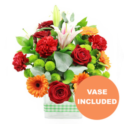 A joyful, generously packed bouquet overflows from a sleek, rectangular clear glass vase, creating a vivid splash of colour that feels perfectly at home in a Highgate living room filled with natural light. The vase itself is wrapped around the lower half with a light green and white gingham band, a subtle detail that softens the modern lines of the glass and evokes a touch of relaxed, country-style warmth. Rising from this base, the flowers form a dense, harmonious mix of reds, oranges, whites, and greens. Deep red roses, their velvety petals spiralling inward, share space with lush red-orange carnations whose frilly edges provide texture and a sense of movement. Between and around them, bright orange gerbera daisies with dark centres open wide like small, radiant suns, adding a playful, upbeat energy. Clusters of lime-green button chrysanthemums, shaped like perfect little spheres, tuck into the gaps, giving a bouncy, contemporary feel and lively contrast against the warmer tones. Above this core, elegant white oriental lilies reach slightly higher; some trumpets are fully open, revealing subtle pink veining and prominent yellow stamens, while others sit as poised buds, suggesting fragrance that will slowly unfurl. The whole arrangement is cradled by glossy, deep green leaves and interlaced with silvery eucalyptus stems, whose rounded leaves introduce a cool, calming note reminiscent of strolls through nearby Highgate Wood. The image is shot against a crisp white background so every colour and detail is sharply defined. In the bottom right corner, a striking circular orange badge with bold white text reading VASE INCLUDED overlaps part of the vase, clearly signalling that the stylish container forms part of the complete arrangement, ready to be delivered and displayed without extra effort.