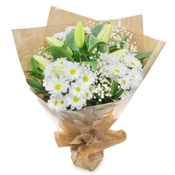 This hand-tied white and green bouquet, photographed against a clean white backdrop, has the calm, composed presence of an arrangement freshly finished in a Highgate florist's atelier. The main body of the bouquet is made up of daisy-like white chrysanthemums, their numerous slim petals layered in precise circles around softly glowing yellow-green centres. Packed closely together, they create a plush, cloud-like texture that feels both abundant and soothing. Rising from this field of white, several elegant lily buds stand tall, each one long and tapered, cloaked in pale green with creamy hints at the tips where the petals are folded in on themselves. They suggest the promise of fragrance and unfolding blooms, adding a sense of time and gentle evolution to the design. Between the chrysanthemums and lilies, delicate strands of white gypsophila wander, each tiny flower a pinpoint of brightness that lightens and softens the arrangement's outline. Deep green foliage encircles the blooms, the leaves glossy and full, giving depth, contrast, and a touch of woodland richness. The stems at the base are drawn together with practised hands and wrapped in textured brown kraft paper, its natural tones and gentle creases evoking a simple, handcrafted feel. Over the paper, a protective layer of clear cellophane catches subtle highlights, hinting that the bouquet is ready for same-day delivery through Highgate's quiet, tree-lined streets, perhaps heading towards Highgate Cemetery or a family home overlooking Hampstead Heath. The bouquet radiates peace, sincerity, and understated grace, a white sympathy arrangement designed to bring a soft, consoling presence to a room where words may be hard to find.
