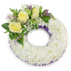 A dignified circular sympathy wreath set against a neutral white background, built from a dense mass of immaculate white spray chrysanthemums whose layered petals create a plush, pillow-like ring. The wreath maintains a perfect, luminous circle punctuated only by a tasteful upper-left spray: three soft yellow roses bloom gently, their petals unfolding in warm, velvety spirals that suggest friendship and heartfelt remembrance. Surrounding the roses, delicate clouds of white gypsophila soften the composition while small lavender-purple statice or limonium add a discreet, comforting pop of colour that recalls early spring crocus along local lanes. A subtle purple trimming - a slim ribbon or fine netting - shows through the white blooms at both inner and outer edges, lending depth and a hint of refined contrast without overpowering the simplicity. Varied greenery, from broad, smooth leaves to wispy fern-like fronds, frames the floral cluster and enhances the wreath's fresh, natural silhouette. The scent would be faintly sweet and green: the cool, tea-like whisper of chrysanthemums blended with the tender perfume of garden roses. Evenly lit in soft studio light, the piece casts a gentle shadow that underlines its three-dimensional fullness. This memorial arrangement reads as a carefully composed expression of solace and respect, suited to a service near Highgate Cemetery or a quiet committal at the village church, and reflects the kind of considered sympathy work requested by families across Highgate and the surrounding Hampstead streets.