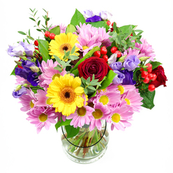 In this image, a lush mixed bouquet in a clear glass vase takes centre stage against a pure white backdrop, allowing its colours and shapes to command full attention. The most eye-catching elements are the velvety deep red roses gathered at the heart of the design, their spiralling petals conveying a sense of emotion and timeless elegance. Beside them, sunny yellow gerbera daisies with rich brown-orange centres introduce a bright, joyful note, like a burst of sunshine over Waterlow Park. Surrounding these key blooms are clusters of soft pink and lilac daisies or chrysanthemums, their fine, feathery petals and golden centres creating a gentle haze of colour that adds softness and volume. Interspersed among them are graceful stems of purple and lavender lisianthus, whose slender, bell-like flowers and slightly ruffled edges bring height, movement, and a cool, calming contrast to the warmer tones. Dotted here and there throughout the bouquet, smooth red hypericum berries add small but striking accents, providing a rounded texture that stands out against the petals and leaves. The flowers are framed by a generous mix of greenery in multiple shades of green, from deep, glossy leaves near the base to lighter, airy sprigs threading upwards, giving the arrangement a fresh, garden-inspired character. Through the glass vase, neatly cut stems are visible, fanning out in clear water, a subtle clue to the florist's attention to detail and the freshness of the blooms. The overall mood is upbeat yet refined, making this bouquet an ideal gift for birthdays, thank-yous, or housewarmings across Highgate and the surrounding North London neighbourhoods.