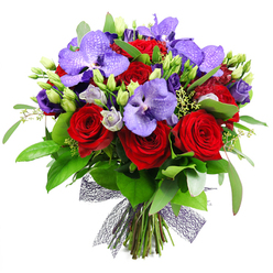 With the same white background, this bouquet radiates a heartfelt blend of bold romance and refined elegance, the crimson roses and purple orchids weaving a story of passion and sophistication. The plush scarlet roses sit proudly at the core, their petals curling in a classic spiral as if echoing a first glance of love. Among them, the regal purple Vanda orchids extend their broad petals, each bloom marked with tiny darker speckles that summon a sense of luxury and texture. Scattered through are sprays of lisianthus-soft purple bells with buds just opening-adding lavender tones and a whisper of silver-grey to the mix. The greenery is lush but controlled: large, glossy leaves form a deep green canvas, while slender sprigs and eucalyptus-like foliage give air and movement to the arrangement. Many fresh green buds dot the composition, some pointed and others rounded, enhancing the bouquet's vitality. Delicate pale green filler sprigs and tiny berries are woven through, providing subtle texture. The stems rise neatly from the base and are bound with a decorative dark mesh ribbon, creating an airy bow that finishes the design with contemporary polish. This bouquet feels ideal for romantic gestures, anniversaries, or a grand celebration, and, as a local Highgate florist, I can imagine it gracing a candlelit table or a doorstep in Archway or Crouch End. It's available for same-day delivery across Highgate, extending its warmth to nearby communities.