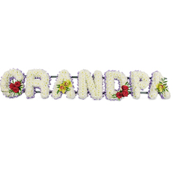 The image shows a dignified funeral tribute arranged to spell the word GRANDPA in large, upright capitals, stretching in a straight line as if resting on stands at a Highgate cemetery or church. Each letter is tightly covered with small white chrysanthemums, their layered petals forming a thick, plush surface that feels gentle yet reassuring, echoing the steadfast love often associated with a grandparent. The pure whiteness of the blooms is subtly outlined by a fine ribbon of soft lavender, a muted purple trim that creates a delicate border and ensures the edges of each letter remain clearly defined against the white background. Thoughtfully placed accent flowers break the expanse of white and carry symbolic meaning. In the open curve of the G, there is a compact group of deep red roses nestled in rich green foliage, the velvety petals adding depth, warmth, and a focus point of remembrance. The third letter, A, is embellished with yellow-green orchids, their elegant, slightly exotic blooms lightly marked with warmer tones, bringing an individual, almost storytelling quality to the tribute. The inner space of the D echoes the G with another cluster of red roses, while the final A repeats the orchid spray, creating a gentle rhythm of colour from left to right. Discreet metal bars underneath link and support the letters, making the word appear continuous and secure when displayed during a service near Waterlow Park or Highgate Hill. This composition conveys purity, love, and enduring respect for a much-loved grandfather.