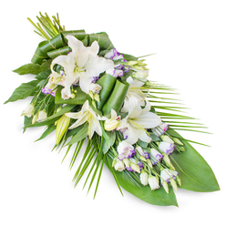 An elegant, asymmetrical casket spray designed in serene whites and cooling greens is pictured on a stark white backdrop, which highlights its fluid, diagonal line. At the top, where the flowers are most abundant, large white oriental lilies unfold in layered, star-like blooms, their smooth petals catching the light with a gentle sheen. Some lilies are wide open, revealing soft yellow stamens dusted with pollen, while others remain in refined, tapered buds, adding height and a sense of evolving beauty. Among these central flowers, white lisianthus (Eustoma) blossoms are threaded, their airy, layered petals tinged at the edges with a whisper of lavender or pale violet, as if the colours of a Highgate evening sky had brushed each bloom. Small, tightly furled buds and half-open lisianthus provide texture, creating points of interest across the spray. The floral display is anchored by an abundance of foliage. Large, glossy leaves offer depth and a dark green contrast to the white flowers, some left broad and unaltered, others carefully twisted and folded into loops that lend a modern, sculptural element. Slender palm-like fronds stream outward from one side, echoing the slope of the arrangement as it tapers gracefully toward the opposite end. The entire composition exudes quiet reverence and timeless elegance, perfectly suited to a funeral service or condolence tribute in Highgate. It is easy to imagine this spray resting on a casket in a chapel overlooking the grounds of Highgate Cemetery, or delivered to a family home on one of the hill's tranquil residential roads as a gentle message of sympathy and support.