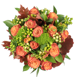 From a top-down perspective on a clean white backdrop, this richly textured bouquet captures the mellow glow of autumn in a single, circular composition. Large, open roses dominate the scene, their centres a gentle peach that deepens through coral into burnt orange and finally to a subtle russet at the petal edges-each bloom carrying the layered, painterly quality of leaves turning in late autumn. Nestled among these roses are tight, cushiony mounds of Green Trick dianthus whose unusual, brain-like texture reads as vibrant moss, giving the arrangement a fresh, lively core. Waxy Hypericum berries are scattered in small clusters, some vivid lime-green like early morning leaf tips, others soft, creamy yellow that gently lift the palette. Broad glossy greens form a verdant stage beneath, while larger, darker maroon or deep-red lobed leaves-reminiscent of park trees at dusk-are placed to frame the blooms and emphasize seasonal contrast. Soft, diffused light accentuates velvety petals and the satin sheen of foliage, while the composition's density creates layered shadow and depth. The scent is subtly floral with an earthy hint of green moss; the bouquet reads as both celebratory and consoling, perfect as a thoughtful seasonal gift or a Thanksgiving centrepiece. As a local florist attuned to Highgate's autumnal charms-from the rustle of leaves around Highgate Pond to cozy tea rooms in the village-this arrangement evokes neighbourhood walks and intimate gatherings, and can be prepared for local delivery across Highgate and nearby Hampstead.