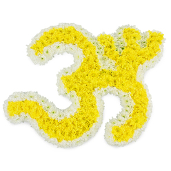 In this image, the sacred Om symbol is translated into an elegant floral composition, ideal as a funeral tribute for a spiritually minded family in Highgate. The form of the Om stretches across a clear white background, with every line drawn in petals rather than ink. The inner areas of the symbol are completely filled with small yellow flowers, likely chrysanthemums or marigolds, their many soft petals overlapping densely to form a plush, cushion-like texture. The yellow is bright yet gentle, evoking the glow of candlelight or early morning sun over the rooftops near Highgate Village. Around this glowing core runs a narrow frame of white blossoms, precisely placed to trace each curve and the small separate dot at the top right. This white outline sharpens the silhouette and brings a calm, meditative balance to the lively yellow centre. The lighting is strong but diffused, enhancing the colours while keeping shadows minimal so that the focus rests on the intricate craftsmanship. Each bloom appears freshly cut and carefully aligned, revealing the florist's patient work in honouring the symbol's spiritual depth. Emotionally, the arrangement feels contemplative and consoling, as if inviting those who look upon it to pause, breathe, and remember. It would sit beautifully in a funeral setting along Highgate Hill or near Archway Road, perhaps placed beside a framed photograph or in front of a simple altar. Here, the floral Om would serve not just as decoration but as a gentle reminder of universal oneness, guiding mourners through grief with a sense of quiet unity, tradition, and enduring inner light.