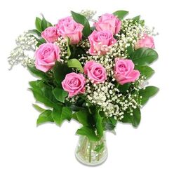 A softly romantic composition of pink roses and baby's breath is arranged in a simple clear glass vase and set before a pure white background, giving the bouquet a floating, almost ethereal quality. In the centre, ten to twelve pink roses gather closely together, their petals delicately layered and slightly cupped, showcasing a spectrum of pinks from gentle pastel outer petals to more saturated, rosy interiors. Some blooms are fully open and expansive, while others are only just beginning to unfurl, like the quiet beginnings of a new chapter for a family welcoming a baby in Highgate. Threading their way between the roses, sprigs of white baby's breath form a fine mist of tiny blossoms, their star-like flowers lending a light, cloud-like volume that softens the arrangement and suggests purity and innocence. Dark green rose leaves extend around and between the blooms, the foliage rich and slightly glossy, framing the softer colours and giving the design a pleasing fullness similar to the leafy calm of Highgate Wood. The stems, straight and freshly cut, are clearly visible through the transparent glass vase, submerged in clean water that catches the light and emphasizes the bouquet's freshness, as though it has just been arranged at a local Highgate florist's workbench. The lighting is evenly distributed, with no deep shadows, allowing every curve of each petal and the fine detail of the foliage to be appreciated. The overall impression is one of calm joy and gentle celebration, making this arrangement perfectly suited for baby showers, new arrivals, or any moment where soft, affectionate sentiment is to be expressed in Highgate homes.