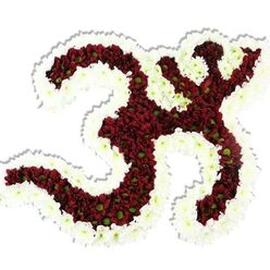 An artisan floral Om (Aum) crafted with precise, loving detail and photographed on a clean white background, the piece reads as both devotional art and a tactile memorial. The main body of the Sanskrit symbol - its curving '3'-like form, the descending S-shaped stroke and the delicate crescent-and-dot above - is packed tightly with deep red to maroon chrysanthemum-like button flowers. Each little bloom contributes to a plush, velveteen surface; many show a fresh lime-green center that peeks like a tiny beacon of life amid the dark petals. A wide, rhythmic rim of snow-white spray chrysanthemums traces the emblem, carving out the symbol with a bright, serene outline that heightens the contrast between shadowed interior and luminous edge. The dense clustering gives the arrangement a sculptural weight, petals layered so closely they suggest a cool, silky touch and a soft rustle when moved. A gentle drop shadow beneath implies the piece sits slightly raised, lending presence and dignity - qualities sought for memorial services, temple offerings, or meditative gatherings across Highgate and nearby Hampstead. The photograph's soft, diffuse lighting preserves the flower texture and the calming chromatic balance. This composition, with its precise loops and interior negative spaces, reads as a quiet act of devotion; made with neighbourhood care by a local florist attentive to colour, form, and the contemplative purpose such a floral Om serves.