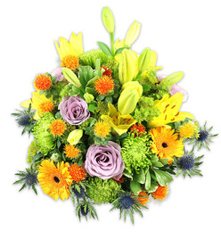 A dense, artfully shaped floral mound sits on a pure white field, its composition balanced between exuberant warmth and cool, sculptural accents. Several luminous yellow Asiatic lilies dominate the upper plane, their speckled interiors and graceful stamens exposed in those fully open, while neighboring buds stand poised and elongated, suggesting growth and quiet expectation. Nestled among them are pale lavender-purple roses whose soft, powdery petals unfurl in measured spirals, lending a touch of old-world romance to the contemporary palette. Bright orange Gerbera daisies, with their radiating petals and darker centres, create focal points of instant happiness, while lime green button chrysanthemums provide dense, tactile cushions that fill the heart of the bouquet and give it a luscious, almost garden-mound silhouette. Sprays of small, spiky golden-yellow and tangerine globe blooms scatter like confetti through the arrangement, introducing playful texture and points of light. Cooler, steely blue thistles (likely Eryngium) rise from the sides and lower planes, their starry, bractlike forms offering structural contrast and a subtle coastal note. The greens - broad lily leaves and smaller glossy fillers - knit the colours together, forming a vivid backdrop that amplifies each hue. Bathed in soft studio light, the bouquet's surface suggests both scent and touch: the heady, sweet lily fragrance, the dusty rose perfume, and the crisp, green relief of fresh foliage. As a piece that would suit a sunny table on Highgate's South Grove or a welcoming arrangement for visitors to Pond Square, it conveys celebration, warmth, and thoughtful craftsmanship by a local hand.
