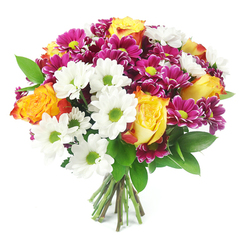 A full, rounded bouquet of mixed flowers stands out vividly against a clear white background, every bloom placed to create a sense of balance and gentle movement. Dominating the eye are several large roses with beautifully shaded petals, shifting from a warm golden yellow at the centre into rich orange and subtle touches of reddish-orange near the edges, as though each flower were catching the last light of a Highgate sunset. Draped around them are clean white daisy chrysanthemums with distinct lime-green centres, the contrast between the cool whites and zesty greens adding a modern, refreshing note. Between them nestle clusters of smaller, deeply coloured magenta and fuchsia chrysanthemums, their dense, many-layered petals forming velvety domes that bring depth and jewel-like intensity to the arrangement. The yellow-green eyes at the centres of these blooms mirror the daisies, quietly linking all the colours together. Glossy, dark green foliage curls in and around the flowers, giving the bouquet a natural, garden-fresh character reminiscent of leafy paths winding through Highgate Wood or the borders of nearby Waterlow Park. At the bottom of the composition, the neatly gathered stems fan slightly, trimmed to an even length to show off a classic hand-tied finish created by an experienced local florist. The overall impression is one of cheerful sophistication and heartfelt warmth, suitable for celebrating birthdays, anniversaries, or a thoughtful thank-you delivery to homes and studios along Highgate High Street, Archway Road, and the surrounding N6 neighbourhoods.