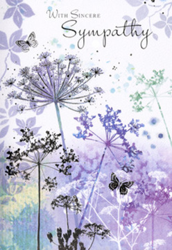 The design of this sympathy card feels like a tender landscape distilled into line and watercolour, the kind of quiet view you might catch looking out over the treetops from Highgate towards a soft, clouded sky. Tall, graceful stems stretch upward, each tipped with intricate umbel clusters that resemble tiny fireworks frozen mid-bloom, their structure delicate yet sure. The palette is kept to soothing cool tones-lavender, violet-grey, muted indigo, and whisper-soft greens-all layered transparently so that colours overlap in subtle veils, giving the flowers a near-ethereal presence. Some of the heads appear more defined, while others fade gently into the background, creating a sense of depth and gentle movement, like wildflowers stirring at the edge of a meadow. Behind them, the background washes are soft and blended, moving from understated purples to sage-tinged greys, as though distant foliage and evening light had blurred together. A few butterflies float among the stems, their wings just a suggestion of shape and colour, evoking transformation, continuity, and the lingering presence of those we've lost. The entire composition is airy, with plenty of open space, allowing the eye to rest and the heart to breathe. At the top of the scene, a simple message of sympathy is penned in flowing script, clear but never overpowering. As a local florist serving families in and around Highgate, I recognise how this kind of gentle imagery resonates when words alone feel insufficient. The card becomes an extension of a thoughtfully arranged funeral spray or sympathy bouquet-a quiet companion that speaks of care, remembrance, and the respectful support of a community that understands grief.