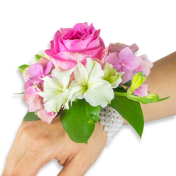 Captured on a light-to-medium toned left hand and forearm against a simple white background, this wrist corsage feels like a small, wearable promise of a spring morning in Highgate. The centerpiece is a lush, deep fuchsia-pink rose, its petals tightly packed and glossy, curling in elegant spirals that invite a fingertip to linger. Nestling around it are clusters of blush-pink hydrangea florets, each tiny bloom layered to create a soft, cloud-like base that cushions the rose and offers subtle variation in tone. Interspersed among the hydrangea are pristine white alstroemeria flowers, their slender petals marked with faint light-green streaking at the throat - a delicate, botanical punctuation that brightens the composition. Toward the right, a small cluster of pale green alstroemeria buds and a few nearly opened pink buds add an element of expectancy, as if the corsage might unfurl further during a first dance. Rich emerald leaves frame the ensemble, their broad glossy surfaces grounding the piece and enhancing the vibrancy of the florals. The arrangement is fastened with a refined multi-strand pearl bracelet: small, luminous white pearls woven into a net-like band that wraps the wrist and sweeps slightly across the hand, reflecting light with quiet elegance. The overall effect is intimate and tender, scented with imagined petals and suited for prom nights near Highgate Village, elopements around the Heath, or any celebration where youthful romance meets careful craftsmanship.