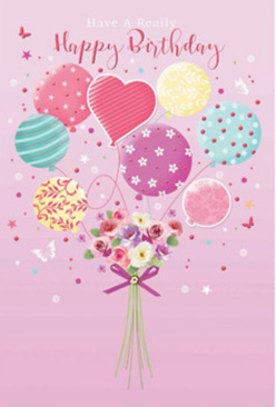 Dreamy birthday card artwork that depicts a bouquet of balloons lifting a delicate cluster of flowers, echoing the charming, leafy character of Highgate. The background is a smooth wash of soft pink, warm and calm, reminiscent of a sunset sky above Highgate Wood. A group of balloons occupies the upper part of the design, each balloon with its own cheerful identity: some feature candy-striped bands in rose, teal, and lemon; others dance with playful polka dots or swirl patterns, while a central heart-shaped balloon in gentle pinks and purples radiates a sense of affection. Their pastel hues blend harmoniously, creating a cloud of colour that feels both modern and nostalgic. The balloons appear to hover weightlessly, their thin ribbons trailing down in loose curls. At their base, a hand-tied bouquet seems to gather them all together, much like a Highgate florist carefully arranging a birthday surprise. The flowers resemble small roses and daisy-like blooms, painted in creamy ivory, blush pink, and soft mauve, with textured petals that look velvety and fresh. Their green stems are drawn tight and finished with a neat violet bow that gleams softly in the light. Around the arrangement, tiny stars and fluttering butterflies bring a sense of movement and magic, like confetti floating in the air near Pond Square. The entire composition feels light, whimsical, and lovingly thought through-ideal for sending warm birthday wishes that carry not just colour and charm, but the feeling of a gentle, hand-crafted celebration delivered right to a Highgate doorstep.