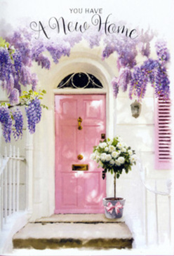 This evocative scene centres on a pale pink front door that could easily belong to a characterful townhouse just off Highgate High Street. The door's blush tone radiates a sense of tenderness and welcome, enhanced by the whitewashed walls and painted shutter that frame it like a simple yet elegant backdrop. Above, wisteria cascades in lavish strands of lavender and soft lilac, each bloom hanging delicately to create a natural archway that softens the straight lines of the architecture. The blossoms appear to catch and filter the light, casting dappled shadows along the doorway and steps, reminiscent of a quiet, leafy cul-de-sac near Hampstead Heath. Resting at the foot of the entrance is a stylish grey metal bucket, used as a florist's vessel rather than a traditional vase, filled generously with white and cream roses. These roses are luxuriously full, with petals that spiral outward into soft, rounded cups, interspersed with stems of fresh, soft green foliage that bring depth and structure to the design. A blush-pink ribbon is tied neatly around the bucket, its trailing ends lying gracefully against the metal, echoing the gentle romance of the door and the overhead blooms. The whole composition feels like a captured moment of transition: someone about to cross this threshold for the first time, perhaps arriving with suitcases or a set of new keys, while this arrangement waits as a quiet testament to the love and support around them. The mood is hopeful and serene, making this image perfect for illustrating a new home congratulations card or a bespoke housewarming delivery handcrafted for Highgate residents.