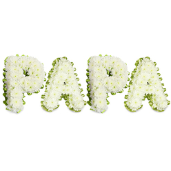 A lovingly crafted floral nameplate reads PAPA in bold, uppercase letters, each letter densely formed from immaculate white chrysanthemums whose tiny petals create a soft, cloud-like texture. The white flowers are gathered into compact domes so the letters read clearly from a distance yet reveal tender detail up close - the slightly ruffled petals and the faint, comforting scent that chrysanthemum clusters give off. A narrow ribbon of lime-to-pale green, neatly folded and tucked around each letter's edge, frames the flowers and gives a crisp definition that makes each character pop against the pristine white background. Small accents of pale green foliage thread through the edges and joins, lending gentle depth and a natural counterpoint to the pale blooms. The mood is reverent and familiar, a personalised memorial piece designed to honour a father or grandfather with intimacy and restraint. As a local touch, this type of tribute is frequently prepared for services at Highgate Cemetery or quiet family farewells near Pond Square and Waterlow Park; the design translates well to chapel sprays, coffin end tributes, or graveside settings. At Flowers Highgate we often hand-construct these letters with the same careful technique - compact blooms, crisp ribbon finish, and balanced proportions - so the sentiment reads clearly while retaining a soft, consoling presence. The arrangement's classic white-and-green palette conveys purity and remembrance, offering comfort and a visual expression of love at a time of farewell.