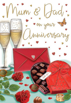 An elegant anniversary card illustration portrays a richly detailed still life that feels at home in the leafy calm of Highgate's back streets. Dominating the composition, a pair of tall champagne flutes is drawn with crystal clarity, each glass brimming with pale, sparkling wine. Fine streams of bubbles rise within the flutes, glowing with soft golden highlights, suggesting a celebratory toast shared between two people who know each other deeply. Nestled alongside is a generous heart-shaped box of chocolates, rendered in sumptuous reds. Its lid is tipped open to showcase neat rows of truffles, each shaded in inviting browns that imply silky fillings and subtle flavours. A wide red satin ribbon wraps around the box and ties into an opulent bow, the gentle sheen of the fabric catching the light like a gift chosen with care from a Highgate artisan shop. In the foreground, two exquisitely detailed red roses are placed across the table. Their petals, shaded from deep burgundy at the centre to vibrant scarlet at the edges, appear soft enough to touch, while clusters of green leaves echo the lushness of nearby Hampstead Heath. Scattered across the background, tiny hearts in shimmering gold and deep crimson drift around a tender greeting to "Mum & Dad", evoking the flutter of emotion that anniversaries often bring. A rich red envelope lies at one side, perfectly sealed and waiting to be opened, hinting at handwritten words that speak of shared years and quiet devotion. Warm, ambient light suffuses the entire scene, merging the colours into a romantic glow that conjures the clink of glasses, the sweetness of chocolate, and the enduring comfort of a home filled with love in Highgate.
