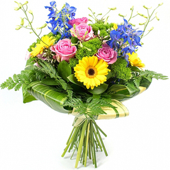 A vivid bouquet of fresh flowers is shown upright against a clean white backdrop, revealing every nuance of colour and structure as though lit by soft studio light in a Highgate flower shop. In the centre, clusterings of blush-to-medium pink roses gently unfurl, their layered petals forming classic, romantic rosettes that anchor the design. Nestled between and around them, bright yellow gerbera daisies with dark, almost espresso-coloured centres provide a bold, graphic contrast, their circular faces giving a modern, cheerful edge that feels perfect for celebrations and everyday gifting. Above this warm focal zone, tall wands of rich blue delphiniums rise, their small, repeated florets giving an elegant vertical rhythm and a cooling effect that balances the warmth of the pinks and yellows. The bouquet is enveloped in abundant greenery: feathery fern fronds soften the silhouette, peeking out from the lower section, while broad, glossy tropical-style leaves, some lightly striped, are gracefully folded and wrapped around the base of the flower cluster to form a smooth, structural collar. Interspersed within are compact tufts of bright, moss-like green filler foliage that create a sense of plush volume and depth. A few slim stems tipped with unopened buds extend delicately above the main flowers, suggesting ongoing freshness and longevity. The stems beneath are neatly aligned and bound with a simple, natural ribbon, ready for hand delivery across Highgate, including homes near Hampstead Heath and the surrounding leafy roads. The arrangement feels lively yet composed, ideal as a thoughtful birthday bouquet, a congratulatory gesture, or an uplifting floral accent for a Highgate living room.