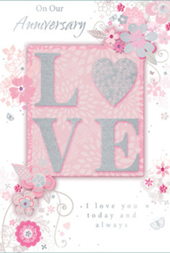 An exquisite anniversary card rests as though placed on a polished table in a Highgate townhouse, its design steeped in soft, romantic detail. At its core, the word "LOVE" stands out in tactile, raised lettering, the surface dusted with a fine coat of silver glitter that suggests the glint of evening light on a glass vase. This central word is set against a blush-pink backdrop, gently graded in tone so that it feels like looking into the heart of a freshly opened rose. Surrounding the letters, an intricate arrangement of stylised flowers, curling stems, and slender leaves spreads across the card's face. The floral motifs are rendered in delicate lines of pale pink, ivory, and soft grey, with just enough shading to imply depth, much like the initial sketches a florist makes before assembling a custom anniversary bouquet. The flowers and foliage appear to drift gracefully outwards, forming a loose, airy frame that leaves plenty of breathing space between each flourish. Occasional silver highlights on petals and leaf edges shimmer softly, echoing the understated elegance of the area around Highgate Village. An elegant script message-wishing a happy anniversary and expressing enduring affection-sits amidst these botanical curls, its fluid lines complementing the curves of the floral design. The lighting in the image is gentle and even, revealing the shimmer of the glittered letters, the smoothness of the card's surface, and the finesse of each drawn stem. The overall impression is of a thoughtful, paper-based arrangement that captures the emotional resonance of an anniversary delivery: tender, composed, and perfectly suited to marking another year of shared memories and love.