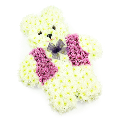 A floral teddy bear tribute sits serenely against a bright white backdrop, its carefully sculpted shape capturing the innocence and comfort of a beloved toy. The bear's entire body-from rounded ears to chubby paws-is clothed in tightly clustered creamy white chrysanthemums, giving the impression of thick, plush fur that looks incredibly soft. Each individual bloom contributes to the overall volume, building up a cuddly silhouette that feels especially touching for a child's funeral or a tender farewell near Highgate Cemetery. Dark, bead-like eyes are placed with precision, set into the petals so that they appear to gaze gently outward, offering quiet reassurance. A small triangular nose anchors the centre of the face, and a faint curved line below suggests a soft smile, expressing warmth and affection without overpowering the calm mood. Draped across the front of the teddy, a vibrant floral waistcoat is created from rich pink and mauve flowers, arranged in two symmetrical side panels that mimic the lapels of a neat little vest. This deeper colour draws the eye and adds depth to the design, symbolising love and cherished memories. At the neckline, a gossamer bow made of purple netting is tied in an elegant knot, with sheer loops that sit lightly on the chest, adding a graceful, almost playful finishing touch. The plain white background and even lighting ensure that every texture and shade of bloom can be clearly appreciated. Crafted in the spirit of local Highgate floristry, this teddy bear arrangement offers a gentle, embracing presence for memorials, baby farewells, or moments of remembrance where comfort is needed most.