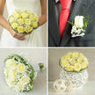 A single, pale yellow rose boutonnière is captured close-up, carefully pinned to a sharp black suit jacket with a vivid red tie in the background, evoking an elegant Highgate groom stepping out for his wedding. The rose sits at centre stage, its petals a creamy pastel yellow, soft and velvety to the eye, spiralling neatly into a tight, rounded bloom. It feels serene and composed, a gentle counterpoint to the rich, formal black of the lapel. Surrounding the rose head, delicate sprays of baby's breath create a mist of tiny white flowers, lending an ethereal softness that contrasts beautifully with the tailored lines of the suit. Fine sprigs of green foliage peek out from behind, their fresh colour adding a subtle touch of nature, like a hint of Highgate Wood woven into the ensemble. The stem is bound in a slim white ribbon, its smooth, satin finish wrapping the flowers with understated precision. The lighting is soft and flattering, bringing out the texture of the petals and the matte quality of the jacket while allowing the red tie to add a confident, celebratory dash of colour. You can almost feel the gentle weight of the boutonnière on the lapel and imagine the faint, fresh fragrance of the rose as the wearer greets guests outside a Highgate village church. This small floral accent carries emotional significance: a token of love and unity, chosen with care and crafted to make the wearer feel special, composed, and completely part of the day's romance across Highgate and neighbouring Hampstead.