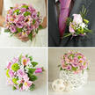 In this collage of four coordinated images, a Highgate-style wedding palette of soft pinks, lilacs, and crisp greens is interpreted through bouquet, boutonniere, and table flowers. The top-left image shows the bride from the shoulders down in a white lace gown, the intricate pattern of the lace framing a compact, domed bouquet held at her waist. Light pink and lavender roses, some just starting to unfurl and others fully open, mingle with bright green button chrysanthemums, giving a lively contrast. Pink alstroemeria, detailed with yellow and deeper pink speckles, peeks out between the roses, while feathery white baby's breath softens the edges. Glossy green leaves form a collar around the flowers, making the colours stand out as if in gentle afternoon light drifting over Highgate Wood. In the top-right panel, a close-up of a groom's dark charcoal suit and bold fuchsia tie highlights a small, refined boutonniere pinned securely to the lapel. It features a single blush-pink rosebud, two or three tiny green button chrysanthemums, sprigs of baby's breath, and a few narrow strands of decorative grass, all wrapped at the base with a slim pink ribbon so the design feels perfectly matched to the bridal bouquet. In the bottom-left panel, a similar bouquet is laid horizontally on a light beige, slightly textured fabric, the stems aligned and bound in a bright fuchsia ribbon, allowing you to imagine the comfortable grip and smooth finish. The bottom-right panel presents a low, rounded centerpiece on a white surface, arranged in a white spherical vase with a woven or lattice structure, accompanied by two smaller pale woven spheres, creating a cohesive table look for receptions in and around Highgate.