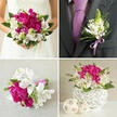 This wedding collage of four images captures the way one floral story can thread through an entire celebration, much like a carefully planned event in Highgate. Fuchsia peonies, white alstroemeria and fresh foliage repeat in each panel. The top-left image shows the bride from the shoulders down, wearing a clean, strapless white dress. She cradles a large, rounded bouquet filled with deep magenta peonies that look soft and sumptuous, their layered petals opening generously. Around them, bright white alstroemeria, subtly speckled with maroon, add contrast, while light green spiky blooms and a halo of dark green leaves give shape and movement. Her hands, one bearing a delicate ring, hold the stems in a way that suggests calm anticipation before stepping into a Highgate church or registry office. In the top-right, the groom's charcoal suit and smooth lavender tie serve as a dark, tailored backdrop for a carefully crafted boutonniere. The buttonhole features white alstroemeria blossoms, fine spiky green flowers and foliage, all tied with a lavender satin ribbon that mirrors his tie perfectly, echoing the attention to detail a local Highgate florist would bring. The bottom-left picture presents a smaller bouquet resting on a lightly textured beige fabric, perhaps intended for a bridesmaid or as a bouquet to toss. It repeats the vivid peonies, white alstroemeria and fresh green accents, with the stems bound tightly in a vibrant lavender ribbon made to fit comfortably in hand. The bottom-right panel displays a coordinating centerpiece, with the same blooms nestled compactly into a striking white woven spherical vase. Three lighter beige decorative spheres sit beside it, creating an elegant table scene that would be fitting for a reception overlooking Highgate Wood or a nearby historic venue.