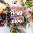 A close, tactile portrait of a hand-tied, garden-style bouquet held gently at the base by a pair of hands against softly blurred, light-coloured clothing. The arrangement reads like a romantic still life: large, velvety pale-pink garden roses with ruffled, peony-like centers form the heart of the composition, their petals promising a warm, tea-rose scent. Around them, delicate striped sweet peas in pale lavender and white climb through the blooms like miniature ribbons, while soft peach and coral ranunculus add layered, cup-like texture and a subtle citrus sweetness to the bouquet's aroma. Deep plum-hued hellebore-like florets or similar textured flowers provide smoky contrast and visual depth, their matte petals grounding the pastel palette. Creamy white accent flowers peek through, brightening shadowed pockets, and an abundant weave of varied green foliage - slender trailing vines, eucalyptus-like rounded leaves and broader garden greens - creates a fresh, organic backdrop and a sense of meadow movement. Superimposed across the centre is a white rectangular frame containing elegant script that reads Florist Choice, with CHOICE in smaller uppercase block letters beneath and a bold ?100 displayed clearly at the base of the frame, signalling the florist-selected offering and price. The lighting is soft and natural, as if captured in a Highgate morning near Waterlow Park, highlighting petal sheen and the bouquet's layered construction. This image conveys a bespoke, seasonal gift, perfect for an intimate celebration, anniversary, or to express heartfelt gratitude - a luxurious, hand-gathered selection that feels personal, thoughtful and freshly prepared for delivery within the Highgate neighbourhood.