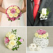 This image is a four-part collage of wedding flowers, thoughtfully styled to show how one colour story can flow from ceremony to reception, much like a celebration moving from Highgate's leafy streets into a cosy local venue. In the top left panel, a bride's torso is framed against a softly blurred background, drawing attention to her round bouquet. The flowers are tightly clustered cream and pale yellow roses, enriched with dusky pink and mauve roses. Baby's breath peeks between the blooms, with just enough greenery to give depth without breaking the neat silhouette. The white gown, with subtle lace on the bodice, makes the roses' warm tones glow. In the top right panel, a close-up of the groom's chest shows a dark grey suit, crisp white shirt, and vivid red silk tie. At the lapel, a small boutonniere stands out: a single white rosebud, flanked by tiny white filler flowers and a sprig of foliage, its stems wrapped in a narrow white satin bow. It feels elegant, measured, and reassuringly traditional. The bottom left panel shifts the mood slightly with a bridesmaid's posy lying on an off-white linen cloth. The arrangement mirrors the bridal bouquet with cream and pale yellow roses, plus bright pink accents, but is a touch looser and more playful. Baby's breath spills out between the blooms, and a pink-and-white striped ribbon neatly finishes the stems. In the bottom right, the same flower mix is transformed into a compact table centerpiece, placed atop a sculptural white twig sphere. Two smaller woven balls rest alongside, all set against a pale, neutral backdrop that suggests a laid-back but refined reception, perhaps in a Highgate gastropub or intimate hall. The collage as a whole shows how coordinated wedding flowers can tie together every moment of the day.