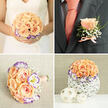 This four-image composition captures a carefully curated peach, purple and white wedding scheme with the intimacy of a morning spent preparing to marry. The top-left close-up centres on a bride's rounded bouquet: a dense cluster of pale peach roses forms a soft, luminous core, embraced by white lisianthus edged in lively violet and threaded with tiny sprays of baby's breath that give the arrangement a weightless, airy feeling. The bride's hands hold the bouquet with practiced gentleness; the stems are wrapped in a blush ribbon that disappears beneath her fingers, creating a seamless, elegant finish against the ivory of her dress. In the top-right frame, a groom's boutonniere is pinned to a dark charcoal jacket pocket - a single peach rose that echoes the bouquet, accompanied by delicate greenery, a few baby's-breath studs and a narrow peach ribbon that links floral and attire. The bottom-left panel shows a slightly smaller hand-tied bouquet resting on soft woven fabric; its compact shape, pearly pin details and peach ribbon suggest a bridesmaid's posy or a toss bouquet with vintage touches. The bottom-right image presents a reception centrepiece: peach roses and purple-edged lisianthus formed into a rounded dome, nestling in a white, intricately woven basket vase, accompanied by two small beige woven spheres that add texture to a neutral table. Light is gentle and diffuse across all panels, bringing out petal velvety textures and a hint of sweet, summery fragrance. The cohesive palette and considered finishing notes-ribbons, pearl pins, woven accents-show how the same floral language can be translated across bridal flowers, boutonnieres and table styling for a refined local wedding in Highgate's Village or on a sunny terrace near Waterlow Park.