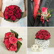 This four-image collage tells the visual story of a coordinated red rose wedding, the kind you might encounter at a stylish venue tucked near Highgate Wood or Waterlow Park. The top-left frame focuses on the bride's hands clasped around a compact bouquet, each deep red rose opening into layers of velvety petals that together form a smooth, rounded cluster. Among the roses, small red hypericum berries glint softly, while a neat collar of glossy green foliage traces the outline of the bouquet, lending it a composed, elegant shape. The top-right frame highlights the groom's charcoal suit jacket, where a single red rosebud boutonniere is pinned with care. Threadlike green foliage and delicate white gypsophila surround the rose, with a few red berries mirroring those in the bridal bouquet. A slim red satin bow fastens the stems, its colour resonating with the groom's bright red tie and crisp white shirt, reinforcing their shared palette. In the bottom-left frame, another bouquet of red roses, red berries, and bold greenery appears, likely designed for a bridesmaid or as a decorative accent. Broad, dark green leaves fan around the flowers, creating a sculptural, modern silhouette, while a red ribbon secures the stems, its end resting on a textured beige fabric that suggests a calm, intimate preparation space. The bottom-right frame reveals a low, rounded table centerpiece composed of red roses and berries, perched atop a white, intricately woven spherical base made from natural fibres. Two smaller wicker spheres in natural wood tones sit beside it on a smooth, light surface, backed by a soft beige and grey wall. Altogether, the collage evokes a Highgate wedding where every floral detail-from personal flowers to table décor-is thoughtfully tied together by a deep, passionate red theme.