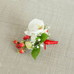 Resting against a light beige, subtly textured fabric - the same warm linen we use at Flowers Highgate for our table displays in Highgate Village - this boutonnière is an intimate study in soft contrasts. The central Phalaenopsis orchid is immaculate and serene, its broad, creamy-white petals opening like gentle silk to expose a quiet yellow-orange throat that draws the eye inward. Around it, clusters of gypsophila (Baby's Breath) float like pale confetti, lending a frothy, dreamlike lightness to the piece and softening the orchid's sculptural form. Nestled low to balance the composition, bright red hypericum berries give a cheerful pop of colour and texture; their smooth, glossy skins reflect a hint of light and introduce a festive warmth that echoes the scarlet ribbon binding the stems. Fresh, deep-green leaves - likely salal or similar smooth-edged foliage - cradle the blooms, adding depth and a sense of woodland freshness reminiscent of walks through Waterlow Park or the tree-lined lanes off North Hill. Pale green, elongated buds peek through, a subtle promise of further growth. The stems are neatly gathered and secured with a vibrant red satin ribbon, tied into a small knot with a short tail drifting to the right, creating a finished, wearable accent. Under soft, natural light the various surfaces - the orchid's satiny petals, the baby breath's feathery texture, the berries' sheen and the ribbon's luxe gleam - become tactile memories. This carefully composed buttonhole is ideal for weddings or formal occasions around Highgate and Hampstead, where understated elegance and handcrafted detail are prized.