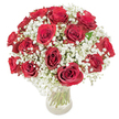 A timeless, domed bouquet of approximately eighteen to twenty deep crimson roses cradled in a clear glass vase, each bloom unfurling velvety, fully opened petals that glow against a clean white backdrop. Around and between the roses, clouds of tiny white gypsophila (baby's breath) gather like soft mist, their feather-light sprays creating an airy halo that tempers the intense red with delicate brightness. The long, green stems are visible through the transparent vase, their smooth shafts and occasional leaves lending a fresh, natural anchor to the composition. In soft daylight the rose petals catch a subtle sheen, and the tiny gypsophila blossoms seem to sparkle, producing a calm, celebratory atmosphere-part romance, part quiet joy. The scent is gently intoxicating: warm rose perfume rounded by the faint, sweet-green note of the baby's breath, an aroma that invites a slow, appreciative inhale. The arrangement sits balanced and compact, the floristry precise yet unfussy, designed to be admired from every angle, whether placed on a dining table or positioned in the bay window of a Highgate village flat. This classic pairing-crimson roses with ethereal white gypsophila-reads as a deliberate expression of deep affection and elegance; it works equally well for anniversaries, a heartfelt apology, or to transform an ordinary afternoon into something memorable. As a local florist might say, the simplicity of the materials and the care in placement make this bouquet feel both familiar and special, a tactile, visual, and scented embrace that resonates through a quiet Highgate room or a sunny morning beside Waterlow Park.
