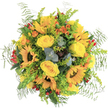 Evoking the golden glow of an early Highgate sunrise, this exuberant bouquet sings with the clarity of sunflowers and the soft elegance of yellow roses, freshly gathered by local florists who know every winding lane and leafy crescent. The sunflowers, broad-faced and joyful, share space with roses whose inviting, buttery petals unfurl with gentle opulence. Orange blooms dart through the yellow in small, painterly highlights, and red berries nestle among the stems like precious finds from a ramble in Queens Wood. Feathery ferns and sprightly, bright green fillers radiate outward, lightening the structure and inviting the senses to move from texture to scent. Blue-green eucalyptus leaves and touches of dusk-toned succulent add silvery contrast and a lift of herbaceous freshness-a local signature for Highgate homes. The entire arrangement glows against a white background, each detail a testament to careful design and seasonal bounty. This bouquet is not just a floral display; it's a narrative of celebration and gratitude-perfect for birthdays, as a joyful 'thank you', or a centrepiece that brings the warmth and beauty of Highgate's green spaces into everyday living.