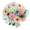 A hand-tied bouquet captured on a clean white backdrop, composed to feel light, intimate and distinctly spring-like. At its heart are several fully opened blush-pink roses, their velvety petals unfurling in familiar spirals that read as tender and romantic. Surrounding those roses are soft peach and cream gerbera daisies, their wide, luminous faces punctuated by dark brown to almost black central discs that lend the arrangement a warm, slightly rustic contrast. Small clusters of white spray chrysanthemums and compact pom-pom chrysanthemums fill the mid-planes, some tipped with a fresh lime-green centre that catches the eye and introduces a subtle modern note. A mist of baby's breath (Gypsophila) winds through the bouquet like fine lace, softening edges and creating airy negative space between the larger blooms. Dark green foliage - the glossy, rounded shapes of salal or the grey-green shimmer of eucalyptus - peeks out beneath and between flowers, giving weight and depth while keeping the overall silhouette open and inviting. In the lower right is a small, rectangular white gift tag, handwritten with the words Happy Flowers in vibrant green for Happy and bright pink for Flowers, suggesting a cheerful message or boutique label. The lighting is soft and natural, enhancing petal translucence and the bouquet's varied textures: silky rose, crisp gerbera petal, feathery gypsophila and the slightly padded chrysanthemum heads. This composition reads as a versatile gift - suitable for birthdays, anniversaries, congratulations or a get-well gesture - and feels like something a local Highgate florist might deliver to brighten a bedside table or kitchen windowsill after a quiet morning walk in nearby Waterlow Park.
