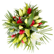 Seen from directly above against a crisp white backdrop, this lush, mounded bouquet reads as a quiet, reverent composition of white lilies and deep red roses, intended to comfort and console. Around a dozen velvety red roses sit fully or partly open, their saturated crimson petals layered like soft, tactile cushions; they punctuate the arrangement with moments of solemn colour. Interwoven among them are numerous white and cream lilies, many held as long, pale yellow-green buds that taper to a point and suggest restrained promise, while one immaculate lily is fully unfurled toward the lower right, a trumpet of creamy white revealing delicate pale yellow stamens. The flowers rest within a substantial framework of foliage: broad, glossy green leaves give structure and warmth; feathery, palm-like fronds radiate outward to soften the silhouette; and clusters of muted silver-green eucalyptus add a cool, textured counterpoint. The top-down lighting is bright and neutral, casting soft, gentle shadows that emphasise the rounded blooms and the layered depth of leaves without dramatic highlights. I imagine the subtle scent here as a quiet blend of lily's green, soapy notes and the faintly spicy sweetness of rose-an understated perfume that suits reflection and remembrance. This bouquet's craftsmanship feels measured and respectful, balanced for sympathy or a memorial setting, and it would read calmly on a mantel, in a funeral chapel near Highgate's Pond Square, or as a thoughtful tribute from a neighbour. The arrangement's overall effect is one of composed elegance: tender, steady, and thoughtfully appointed for moments that call for dignity and quiet support.