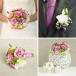 This photograph shows an elegantly coordinated wedding set-a bridal bouquet and boutonnière-styled as if ready for a ceremony in one of Highgate's historic churches or intimate garden venues. The bouquet is full and rounded, dominated by blowsy mauve-pink roses whose velvety petals blend tones of blush, lilac, and soft rose, creating the effect of gently layered watercolour. Between these roses, bright green button chrysanthemums bring structure and cheerful contrast, their tidy, globe-shaped blooms adding a contemporary twist that keeps the design fresh. Encircling the central flowers are creamy white lisianthus and similarly toned blossoms, their frilled edges and soft folds forming a halo that feels both romantic and serene, like a light mist over Highgate Cemetery's old stone paths. Slender leafy stems and fine greenery arc gracefully through the arrangement, giving depth and a sense of organic movement, as though the bouquet had been gathered from a secluded Highgate garden after a morning rain. The stems are carefully bound with a smooth wrap of pink and white satin ribbon, the colours echoing the blooms while providing a comfortable, polished handle. Beside the bouquet lies the matching boutonnière: a single pure white flower bud framed by airy greenery and finished with a narrow band of lavender ribbon. Its simplicity balances the lushness of the bouquet, tying the look together for the couple. Soft, even light bathes the flowers, bringing out subtle shadows along the petals and highlighting the careful craftsmanship of a Highgate florist who understands the understated elegance many local couples seek.