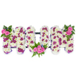 A three-dimensional floral tribute spells out the word MUM in large capital letters, each letter built from a soft, plush carpet of pristine white chrysanthemums that create a cloud-like texture across the whole piece. The base of white blooms reads as innocence and quiet comfort; threaded through that white are thoughtful pops of deep magenta and rich purple spray chrysanthemums or pom-pom flowers, spaced to give gentle rhythm and visual depth. Bright pink spray roses form three small, carefully placed focal bouquets: a neat cluster tucked into the upper left corner of the first M, a slightly larger gathering of roses and fern leaves nestled into the lower curve of the U, and a matching rose-and-greenery cluster at the top right of the final M. Dark green foliage - slender fern fronds and varied leafy sprigs - frames each cluster and lifts the colours, while tiny cobalt-blue accent flowers add a delicate, cool counterpoint to the warm pinks.

The letters sit against a clean white background and are linked by a discreet dark bar that runs horizontally behind them, giving structural integrity and a refined, formal line to the composition. In soft studio-like light the chrysanthemums look velvety; you can almost imagine the faint, comforting scent of fresh white blooms and roses. The overall mood is one of tender remembrance - serene, handcrafted and respectfully restrained - the sort of tribute someone might choose when words alone feel insufficient.

As a local Highgate floral design this arrangement reads as both traditional and personal: crafted with careful attention to texture, colour and placement, suitable for a funeral or memorial at nearby Highgate Cemetery or Waterlow Park ceremonies, and prepared with the quiet care expected from an experienced neighbourhood florist offering delivery across Highgate and surrounding streets.