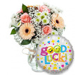 A cheerful 'Good Luck' gift set, photographed against a clean white backdrop so every colour and texture reads clearly. At the left, a generous bouquet sits in a simple clear glass vase tied with rustic twine; the arrangement mixes soft peach and light pink roses whose velvety petals fold in tight, romantic spirals, warm peachy-orange Gerbera daisies with deep brown centres that feel almost silky to the touch, and airy sprays of white baby's breath (Gypsophila) that scatter like lace between blooms. Small clusters of crisp white and lime-green chrysanthemum florets add a bright, slightly springy texture and lift the palette, while deep green foliage peeks through to give the composition depth and natural contrast. To the right, overlapping the lower edge of the vase, a round metallic silver foil balloon reflects soft studio light and is printed with playful, multi-coloured motifs-tiny blue and pink hearts, yellow and blue stars, and scattered confetti shapes-around the bold message Good Luck! The word Good is written in bright purple with the two o's replaced by animated yellow smiley faces-one winking, one sticking out its tongue-and Luck! follows in a lively sequence of green, orange, red and blue letters, ending with an emphatic green exclamation mark. The overall scent is gently floral - the roses and gerberas giving a subtle perfume - and the scene reads as an encouraging, celebratory gesture: perfect for exams, interviews, farewells or any new beginning. As a local Highgate floral image, it carries the warmth of a neighbourhood sentiment-something you might bring to a friend leaving for university or to a neighbour celebrating a new job near Highgate Village or Waterlow Park.
