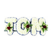 A gentle, reverent tribute spells out TOM in three-dimensional letters densely clothed in pristine white chrysanthemums, each tiny bloom layered to create a soft, pillowy texture that seems to hush the room. The letters sit against a clean white background, the petals catching soft morning light so that the surfaces read as cloud-like and luminous. Around the crisp edges a vivid royal blue ribbon traces each contour, giving the name a dignified, almost nautical outline that adds depth and formality without distracting from the quiet whiteness.

Set into the centre or lower third of each letter is an elegantly balanced spray: a single deep red rose anchors each cluster, its velvety petals a clear symbol of enduring love and sorrow, surrounded by smaller creamy-white spray roses and fine fern fronds that lend a delicate, feathery green. The contrast between the rich red centers, the cool royal-blue edging and the snowy chrysanthemum field is visually arresting yet serene. A dark green metal support is visible beneath the base, a discreet structural bar that holds the letters upright for viewing at a service. As a local Highgate design - often requested by families who stroll past Waterlow Park or remember loved ones in Highgate Cemetery - this composition reads as both personal and traditional: a handcrafted memorial piece, scented faintly of garden soil and rose, intended to offer calm and dignity in farewell.