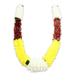 A carefully crafted, U-shaped ceremonial mala displayed against a crisp white studio background, its soft shadow lending gentle depth to the composition. The garland is entirely artificial, made from thousands of tiny fabric petals that mimic real blossoms; the workmanship reads like textile art, each petal layered and stitched to create a plush, voluminous surface. Beginning at the top ends, short cylinders of pure white, chrysanthemum-like blooms form a fluffy, cloud-like border that suggests purity and calm. Those white segments then give way to a dense band of deep maroon-more rust-red than true burgundy-whose tightly packed petals introduce a warm, earthy counterpoint. Below the maroon, the longest arcs of both arms unfurl into bright, sunny yellow, evoking marigolds or small dahlias and carrying the eye down to the curve. At the base, where the two yellow arcs meet, a wider, lush cluster of white flowers anchors the design, acting as a serene focal point. Small, dark green leaf-like accents are stitched between some color transitions-especially between the yellow and the lower white-to offer visual punctuation and a hint of natural contrast.

The piece reads as both festive and respectful: its colour story-white, maroon, yellow, white-carries associations of purity, devotion, and prosperity, making it appropriate for Hindu puja, temple offerings, weddings, Diwali and Holi celebrations, or as a cultural home adornment. In my experience as a florist serving Highgate and neighbouring Hampstead, these durable, artful garlands are chosen when families want a lasting ceremonial object that keeps the warmth and intent of fresh blooms without the fragility. The lighting, colours, and dense texture invite touch and contemplation, a visual embrace that honours ritual and memory alike.