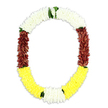 A single ceremonial flower garland, shaped like an open U or oval, appears to float against a crisp white backdrop, its carefully arranged colours standing out in calm, quiet detail. This is a traditional mala-style tribute, often chosen for religious rites, funerals, and remembrance rituals, and it would sit gracefully in a Highgate setting, perhaps adorning a photograph during a family gathering or resting near a resting place in Highgate Cemetery. The upper section of the garland is made from a continuous band of pure white blooms, each tiny flower pressed gently against the next, creating a soft, padded texture that feels like clouds of chrysanthemum or jasmine petals. This white arch sets a tone of purity, serenity, and gentle farewell. As the garland extends down both sides, the colour deepens into rich maroon segments, the petals densely layered so the surface looks plush and velvety, bringing warmth, reverence, and a sense of quiet strength. At the base, the garland transitions into a bright band of yellow flowers, closely grouped to form a radiant yet respectful glow that suggests comfort and the promise of light after darkness. Slender pinches of green foliage are woven at the seams where colours meet, especially between white and maroon and between maroon and yellow, adding fresh, leafy accents reminiscent of the greenery found around Hampstead Heath and the wooded borders of Highgate. The overall impression is of a thoughtfully handcrafted piece, full and symmetrical, designed to drape naturally when placed-a floral tribute that embodies honor, remembrance, and the gentle blessing of nature.