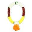 The photograph features a richly textured artificial garland, a traditional mala often selected for funeral and memorial settings, set clearly against a bright white background. Formed into a classic oval shape that opens slightly at the bottom, the garland appears both structured and gently flowing, as if ready to be placed over a framed photograph or laid upon a casket. At its top, dense cushions of white petals draw the eye, their fluffy, layered structure creating a sense of purity and quiet reflection. Between these white clusters, fine touches of mid-green foliage peek through, adding a lifelike freshness without disturbing the calm mood, much like the understated greenery that softens Highgate's historic streets. As the garland descends along both sides, the white gently transitions into broad patches of deep maroon petals, a rich, reddish-brown hue that brings emotional depth and a feeling of solemn respect. Farther down, these maroon areas merge seamlessly into bountiful stretches of yellow petals, which dominate the lower curve with a warm, restful glow. Within this yellow, just above the base on each side, slim slivers of white petals are integrated, offering subtle visual pauses and balance. At the very bottom centre, a pronounced spherical pendant drops gracefully, created from dense clusters of bright orange petals that echo the form of a traditional marigold pom, strong yet tender. The petals throughout are tightly packed, giving the mala a plush, almost fabric-like appearance. This thoughtful interplay of white, green, maroon, yellow, and orange makes the garland particularly fitting as a condolence tribute, a memorial display, or a symbolic offering in Highgate churches, funeral homes, and quiet corners of remembrance.