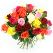 A generous, hand-tied bouquet of mixed roses is shown against a clean, bright white background, the kind of arrangement that could easily be imagined arriving at a Highgate doorstep for a birthday breakfast or anniversary supper. The roses are tightly grouped into a rounded dome at the top, creating an impression of abundant fullness and almost overflowing softness. The colour mix is rich and varied: luxuriant deep reds and romantic burgundy tones sit next to softer blush and pastel pink roses, while intense fuchsia blooms punctuate the design with bold notes of colour. Golden yellows and warm, honeyed tones bring in a feeling of optimism and cheer, while glowing orange roses introduce a hint of fiery energy, like sunset light over the rooftops near Highgate Hill. Scattered between these warmer shades, creamy white or ivory rose heads lighten the arrangement and add a touch of purity and calm. Each individual flower displays layered petals, some tightly clustered in the centre, others curling out in open, cupped forms, giving the bouquet a textured, three-dimensional look. The petals appear smooth and velvety, suggesting a delicate, gently fragrant touch, balanced by the more structured presence of dark green leaves that peek out at different points, framing the colours and adding natural depth. Below the dense crown of blossoms, the stems are pulled together into a neat bundle, secured with a simple green and white check, or gingham, ribbon that is tied in a modest bow. The stems fan slightly where they meet the white surface, indicating a relaxed, hand-made finish rather than a machine-made structure. Bright, uniform lighting illuminates the arrangement from above and slightly to the side, emphasising the freshness and true tones of the petals while casting only the faintest shadows. The overall effect is joyful, romantic and versatile, suitable in the imagination for everything from a thank-you gift for a neighbour near Highgate Village to a celebration of longstanding love.