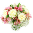 Displayed against a pristine white backdrop, this hand-tied bouquet brings together creamy white roses, lively pink alstroemeria, and airy sprays of baby's breath in a full, rounded composition. The roses serve as the main focal points, with several large blooms fully opened, their velvety petals layered in soft spirals that transition from bright white at the outer edges to subtle, warm cream and pale yellow tones near the center, giving a sense of depth and quiet luxury. Tucked between them, alstroemeria blossoms brighten the arrangement with their trumpet-shaped flowers in shades of fuchsia and rose-pink, each petal gently flaring out and marked by fine stripes and tiny freckles of deeper colour, adding a playful yet refined contrast. Threaded throughout the bouquet, baby's breath introduces an ethereal touch, its countless tiny white flowers perched along slender green stems, forming a delicate, cloud-like veil that softens the spaces between the larger blooms. Lush, deep green foliage peeks from beneath and around the flowers, anchoring the design and lending it a freshly picked, garden-inspired feel. The stems extend neatly below the blooms, tightly gathered and cut cleanly, typical of a professional hand-tied arrangement ready to slip into a waiting vase in a Highgate home overlooking the trees of Parliament Hill. Bright, even lighting illuminates the bouquet, capturing the textures and colours without any harsh contrasts. Crafted with care by Flowers Highgate, this design carries an atmosphere of warmth and affection, perfectly suited to birthdays, romantic gestures, or thoughtful same-day deliveries across Highgate and the surrounding N6 neighbourhoods.