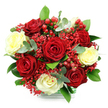 In this photograph, a tightly composed bouquet of roses is set against a pristine white background, its compact, spherical form drawing your attention immediately to the interplay of colour and texture, much like a statement centrepiece on a Highgate dining table. The main focus lies in the deep red roses, their velvety petals forming lush spirals that suggest intensity, romance, and a certain timeless elegance. Nestled among them are creamy white and pale yellow roses, whose softer shades introduce an element of calm and tenderness, balancing the bolder reds much as the peaceful streets around Highgate Cemetery balance the bustle of the city beyond. Threaded through the arrangement are numerous tiny scarlet filler flowers, comparable to dyed red gypsophila, which create an intricate, almost lace-like veil of texture, making the bouquet appear even fuller and more celebratory. Clusters of glossy red hypericum berries sit among the petals and greenery, catching the light like small, polished beads and adding a distinctly festive feel, well suited to winter gatherings, romantic surprises, or congratulatory messages delivered across Highgate, Archway, and nearby areas. Surrounding the blooms, a collar of rich green foliage and rounded, silver-green eucalyptus sprigs frames the design, contributing both structure and cool-toned contrast that keeps the overall effect fresh and contemporary. The stems appear to be arranged in a clear, glass-style container, the base neatly accented with a band of green-and-white check that hints at considered wrapping, as if this bouquet is ready to be placed on a mantelpiece or presented at a front door. The overall mood conveyed is one of intimate celebration and thoughtful care, a floral gesture that speaks softly yet clearly of affection and appreciation.